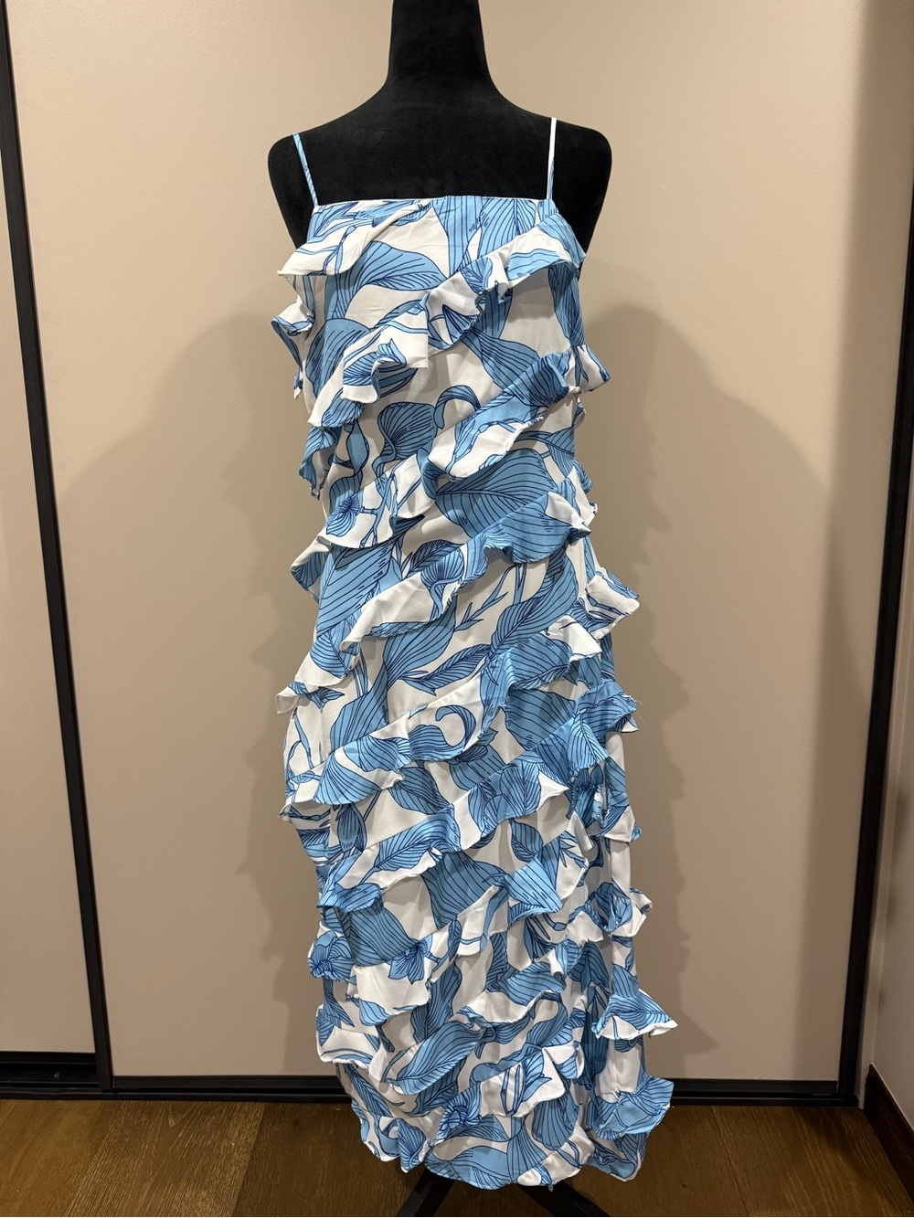 Walter Baker Viviana Ruffled Midi Maxi Dress Blue White Palm Leaf Print